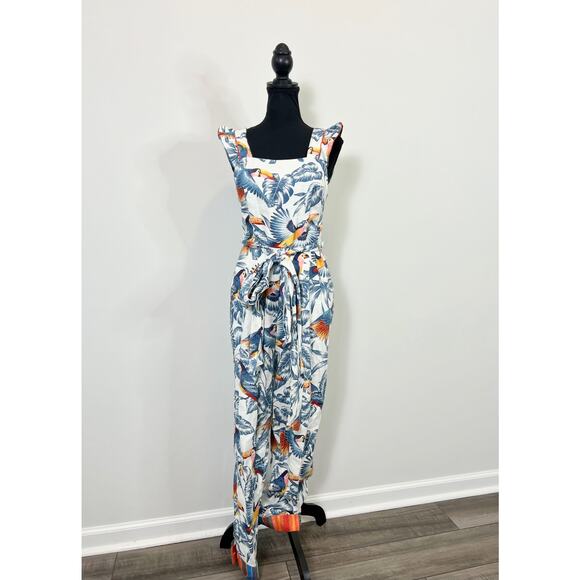 FARM Rio Flying Toucans Frilled Jumpsuit Medium Crossed Back Belted Linen Party - Picture 1 of 6